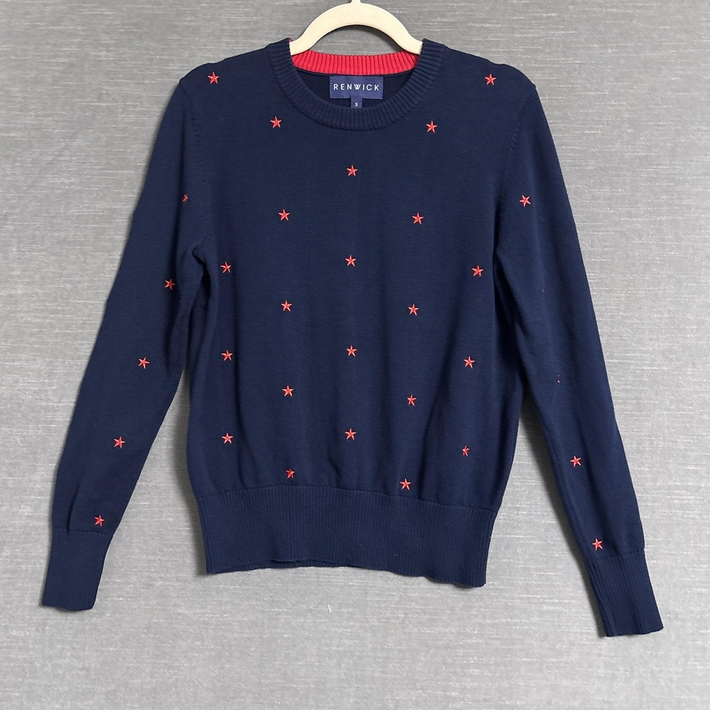 Renwick Sweater Small‎ Navy Blue Red Star Embroidered Cotton Preppy Nautical